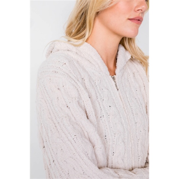 IVORY KNIT SUEDE FRONT ZIPPER HOODIE SWEATER - Picture 4 of 6